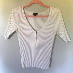 Express Ribbed Short Sleeve Sweater Top with Functional Zipper